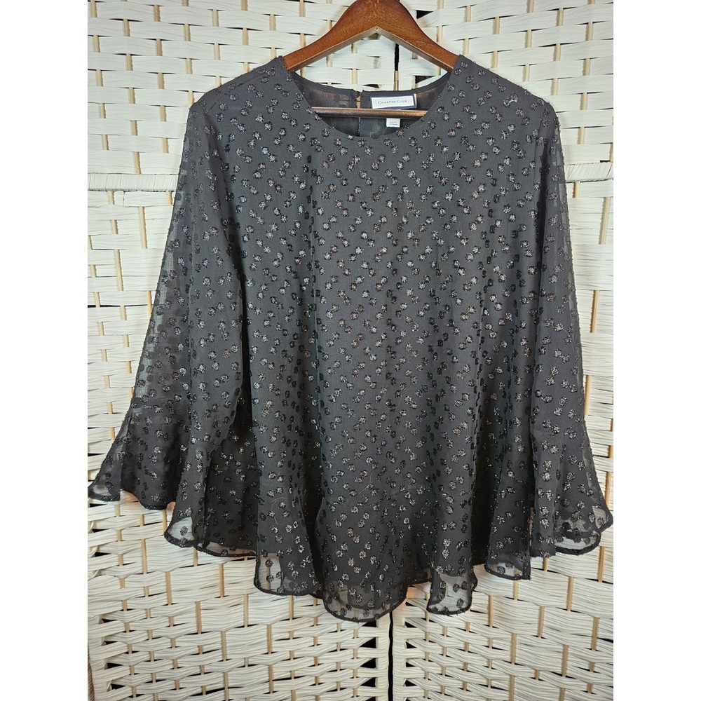 Charter Club Womens Black Sparkle Top Sz XL Whimsigoth Date Party Evening Out